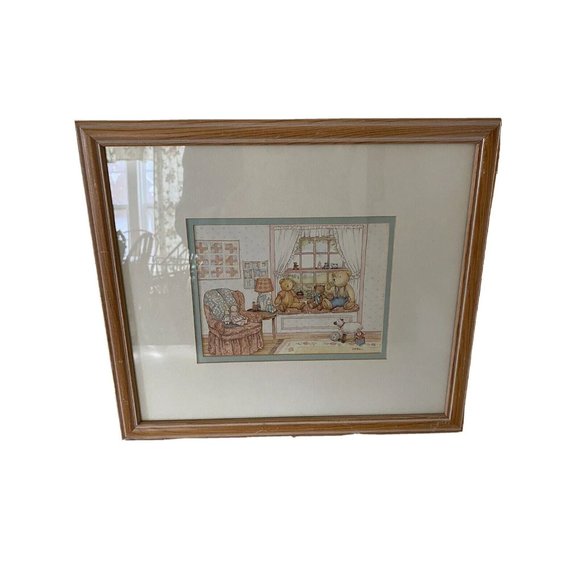 Country bears wood framed art print quilting room pastels signed nursery cottage - Picture 1 of 6